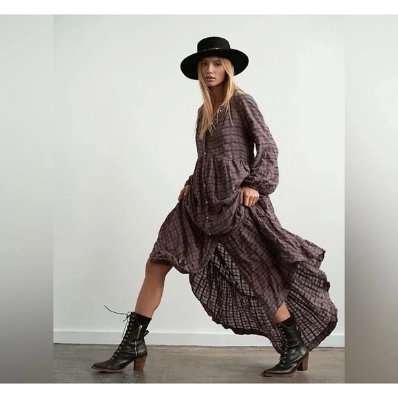 Free People Dresses & Skirts - Free People Edie Plaid Button Front Cotton Prairie Cottagecore Maxi Dress Sz S